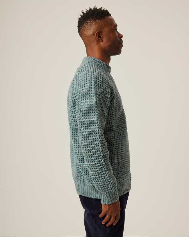 Image of model wearing Waffle Crew Neck Jumper. Model is 6ft1in, chest size 38in and wearing size Medium
