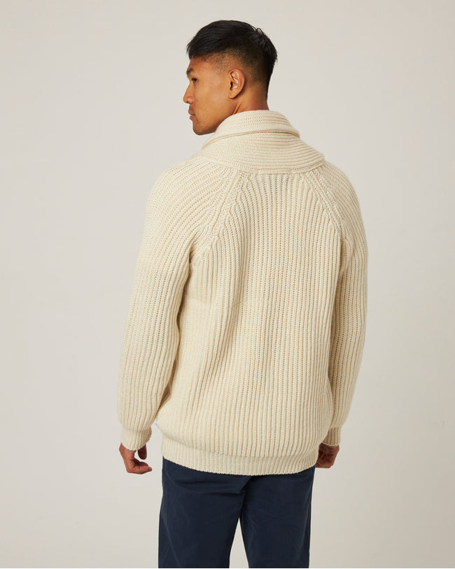 Image of model wearing Wilkinson Cardigan. Model is 6ft1in, chest size 38in and wearing size Large