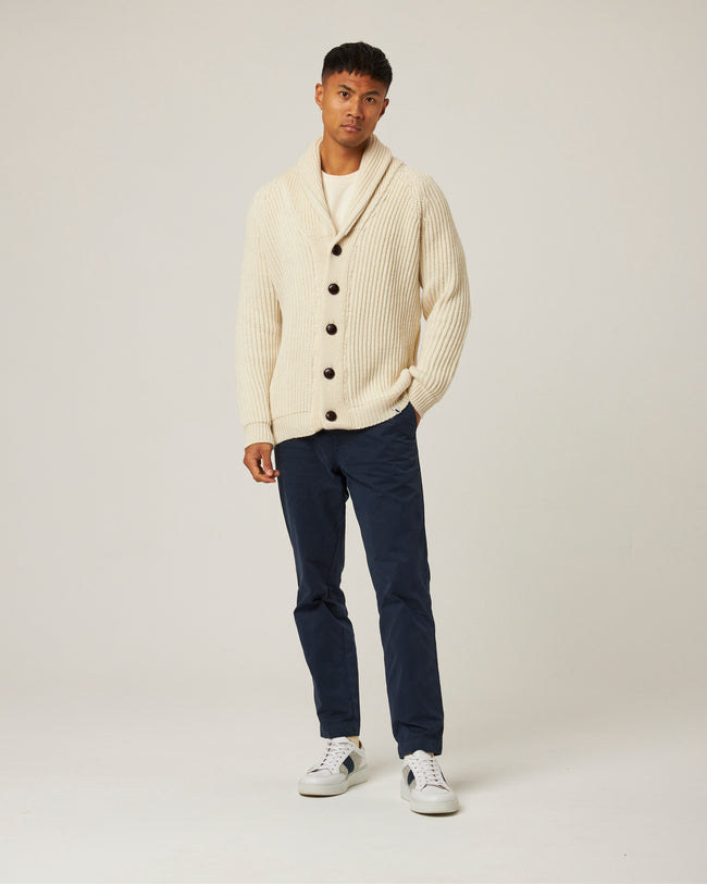 Image of model wearing Wilkinson Cardigan. Model is 6ft1in, chest size 38in and wearing size Large