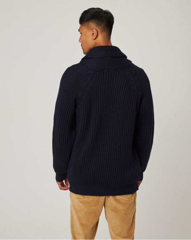 Image of model wearing Wilkinson Cardigan. Model is 6ft1in, chest size 38in and wearing size Large
