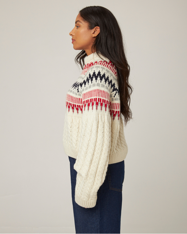 Image of model wearing Alpine Chalet Sweater. Model is 5ft8in, size UK 8 and wearing size Small