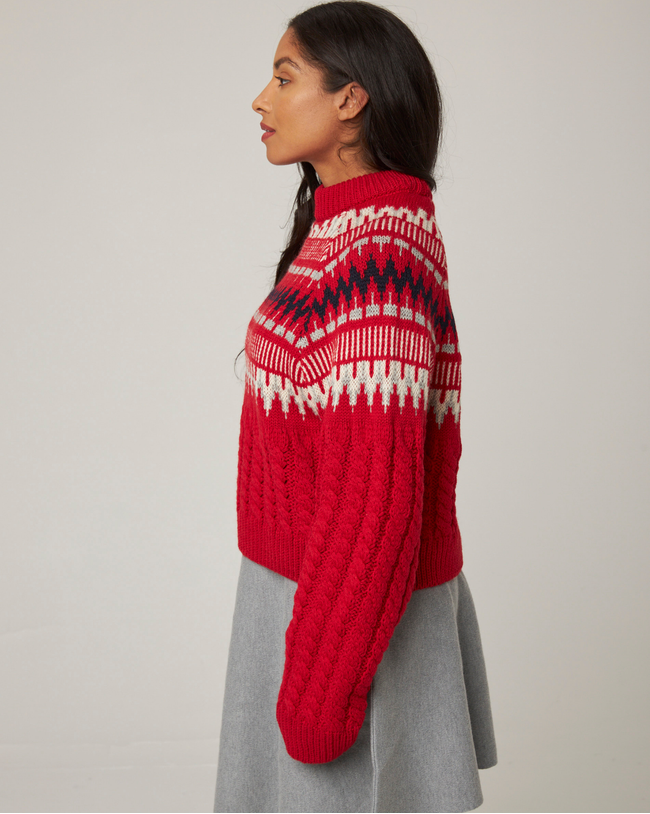 Image of model wearing Alpine Chalet Sweater. Model is 5ft8in, size UK 8 and wearing size Small