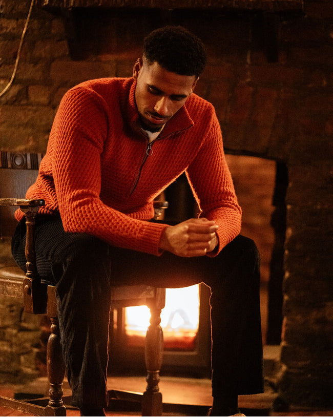 Image of model wearing Birchall Quarter Zip Jumper.