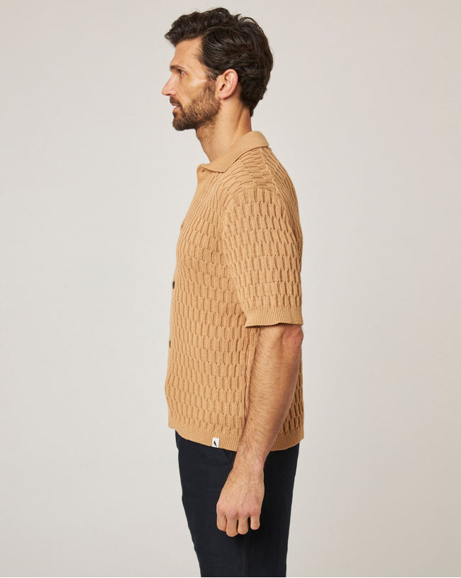 Image of model wearing Cove Knitted Shirt .