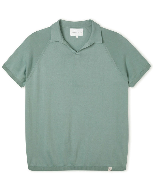 Image of model wearing Knitted Emery Polo Shirt. Model is 6ft, chest size 36in and wearing size Medium