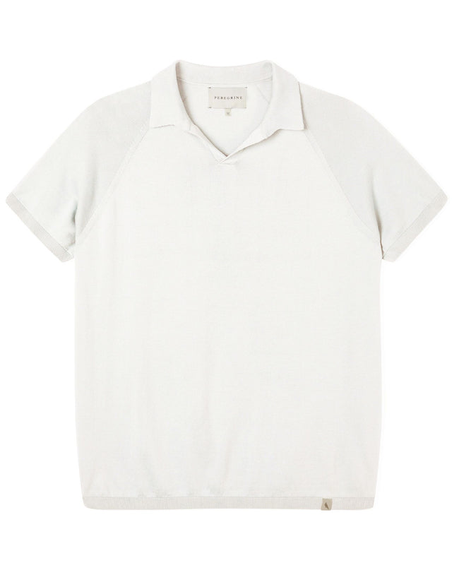 Image of model wearing Knitted Emery Polo Shirt. Model is 6ft, chest size 36in and wearing size Medium