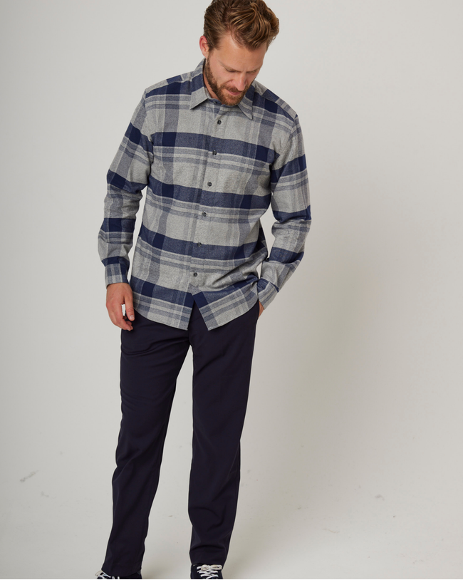 Image of model wearing Farley Shirt. Model is 6ft1in, chest size 38in and wearing size Large
