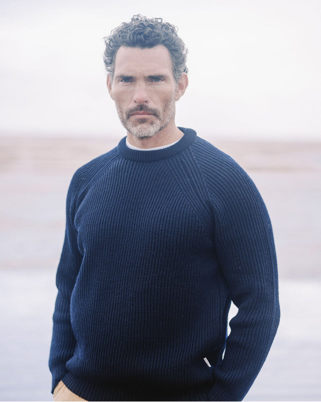 Image of model wearing Ford Crew Jumper. Model is 6ft, chest size 36in and wearing size Large