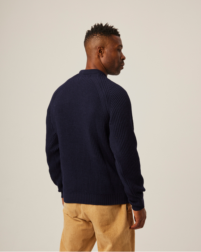 Image of model wearing Ford Crew Jumper. Model is 6ft, chest size 36in and wearing size Large