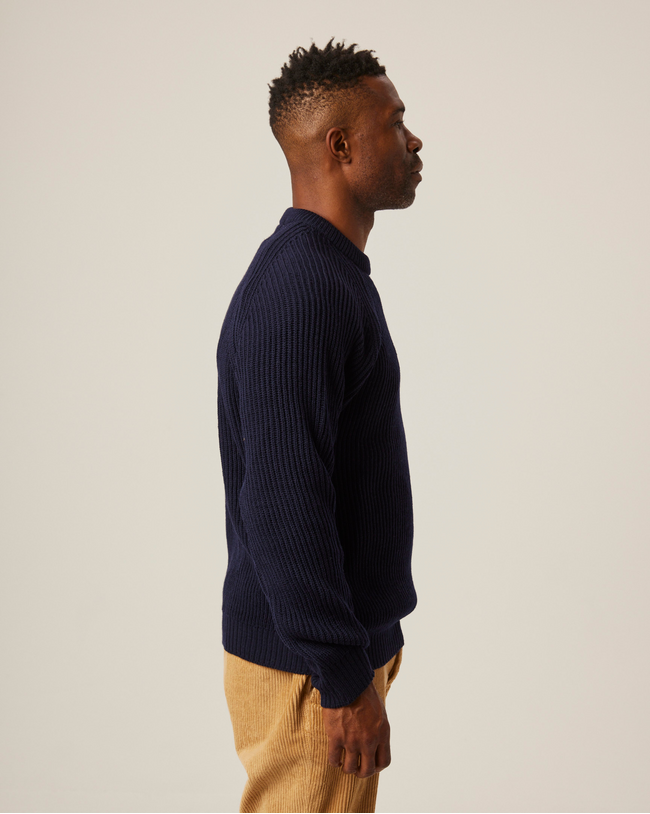Image of model wearing Ford Crew Jumper. Model is 6ft, chest size 36in and wearing size Large
