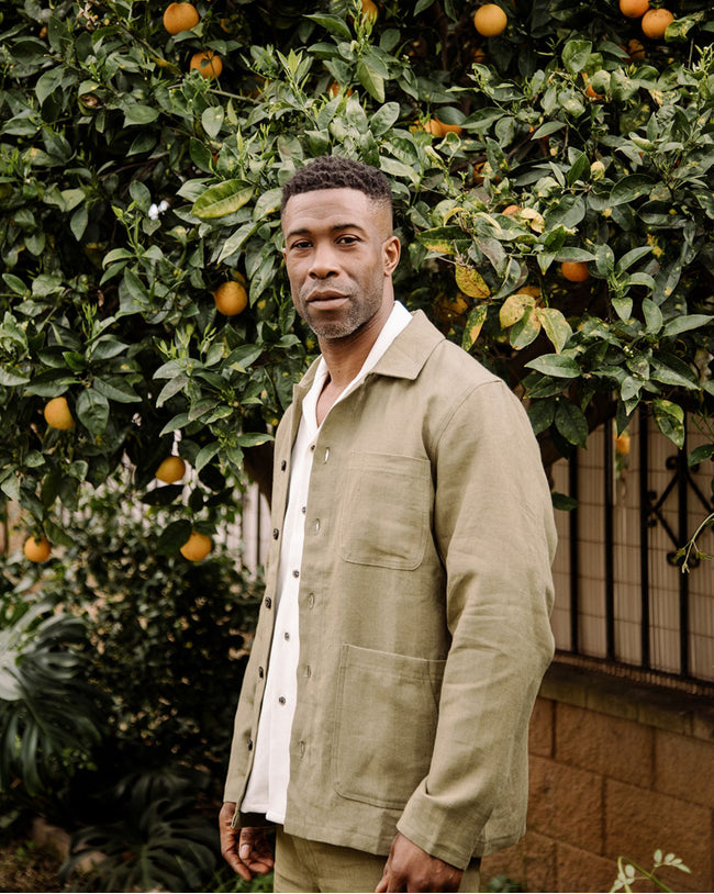 Image of model wearing Grange Linen Shacket.