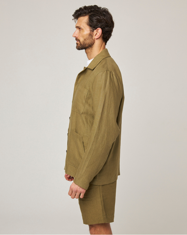 Image of model wearing Grange Linen Shacket.
