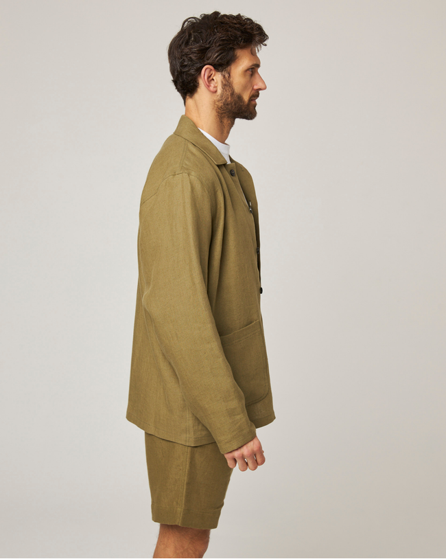 Image of model wearing Grange Linen Shacket.