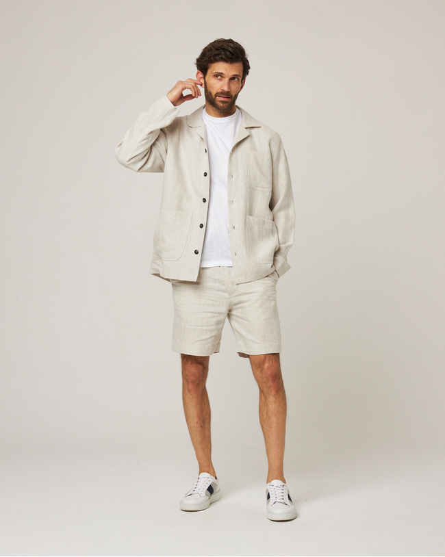 Image of model wearing Grange Linen Shacket.