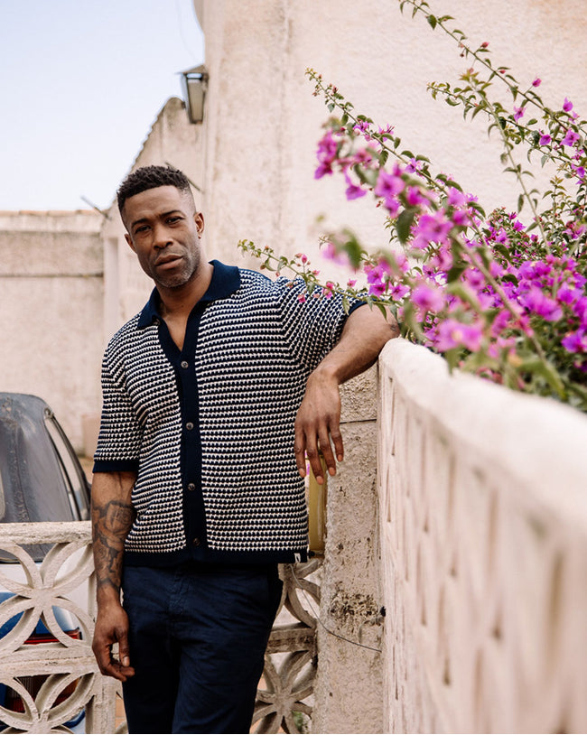 Image of model wearing Island Crochet Shirt.