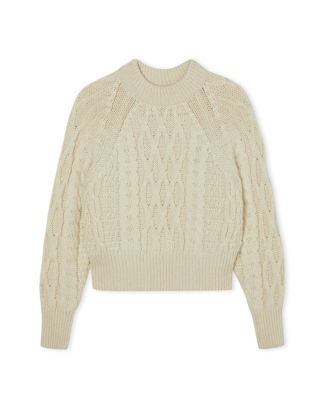 Image of model wearing Isobel Aran Jumper. Model is 5ft8, size UK 8 and wearing size Small