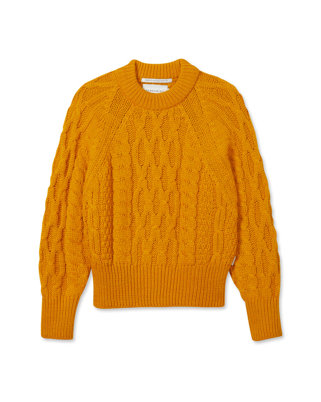 Image of model wearing Isobel Aran Jumper. Model is 5ft8, size UK 8 and wearing size Medium