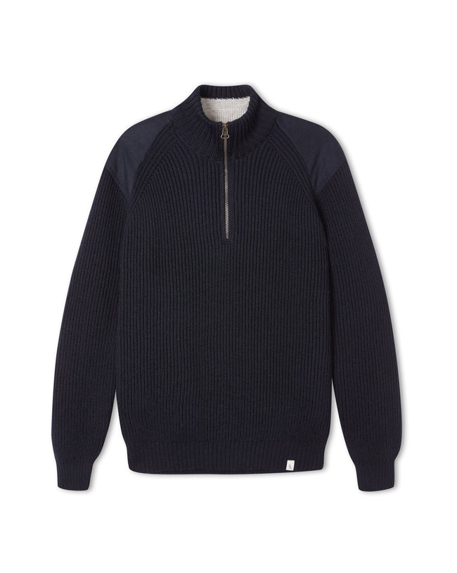 Image of model wearing Foxton Zip Neck. Model is 6ft1in, chest size 38in and wearing size Small