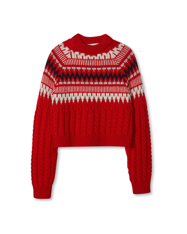 Image of model wearing Alpine Chalet Sweater. Model is 5ft8in, size UK 8 and wearing size Small