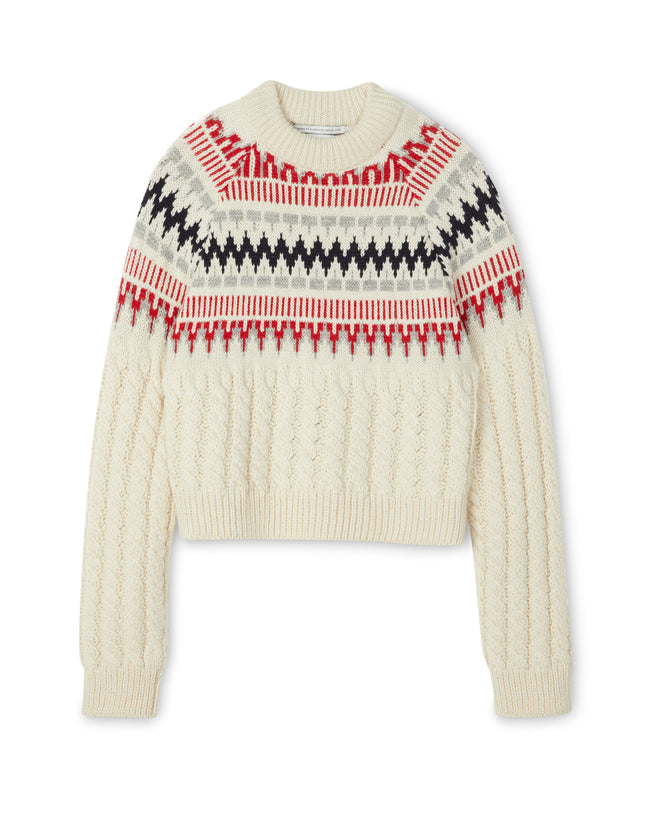 Image of model wearing Alpine Chalet Sweater. Model is 5ft8in, size UK 8 and wearing size Small