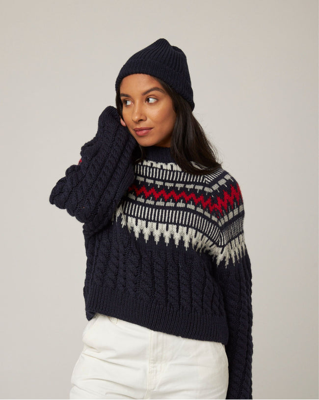 Image of model wearing Porter Ribbed Beanie. One Size