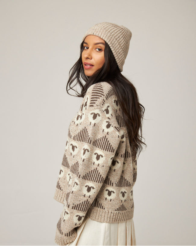 Image of model wearing Porter Ribbed Beanie. One Size