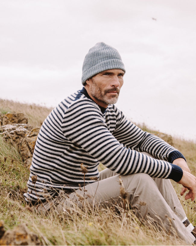 Image of model wearing Porter Ribbed Beanie. One Size