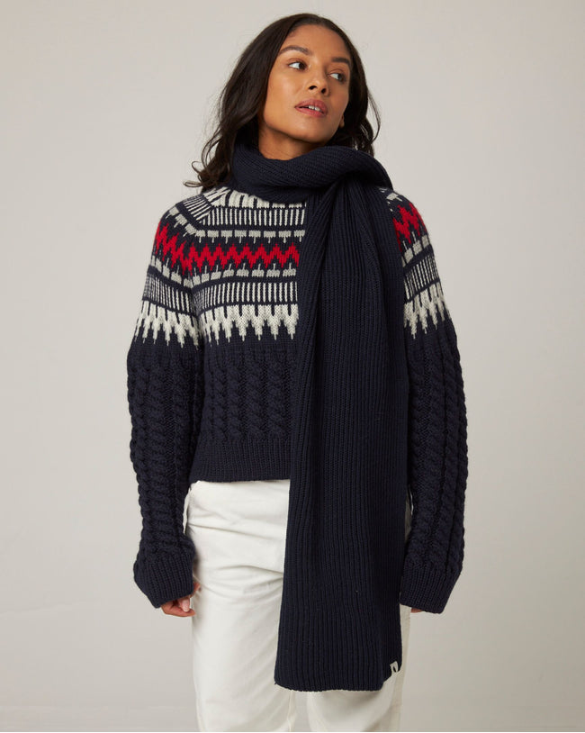 Image of model wearing Porter Ribbed Scarf. One Size