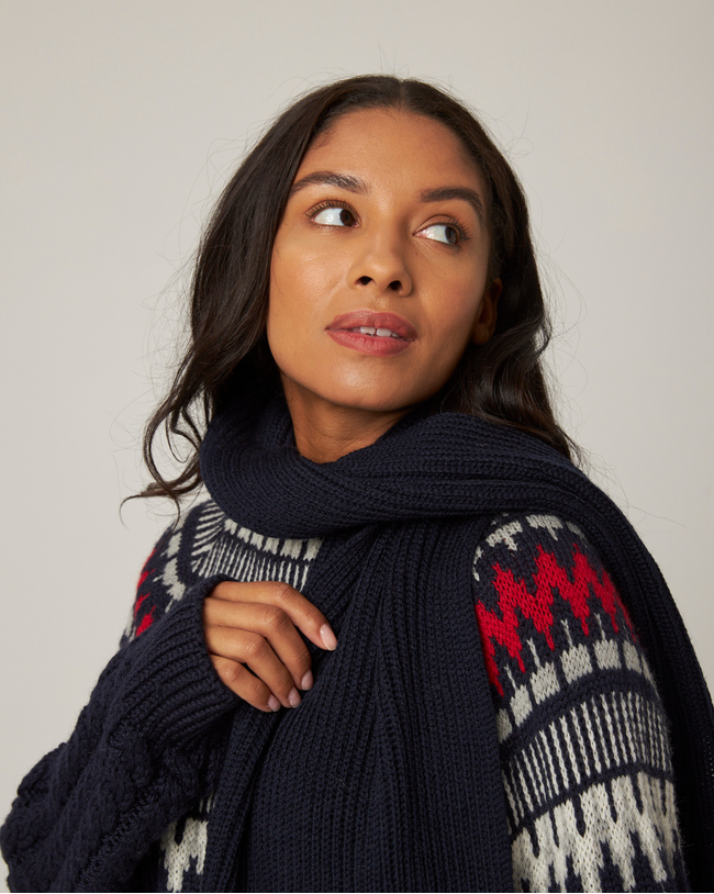 Image of model wearing Porter Ribbed Scarf. One Size