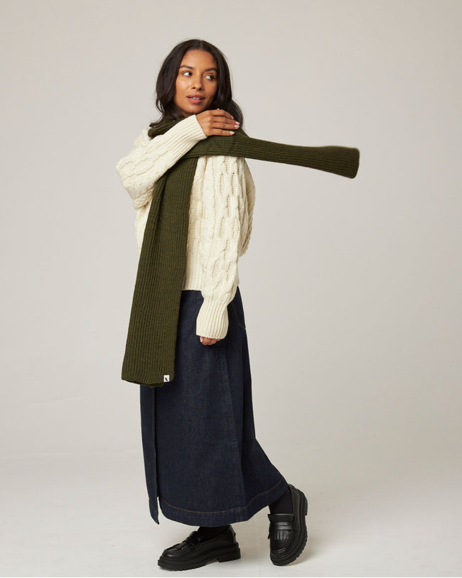 Image of model wearing Porter Ribbed Scarf. One Size