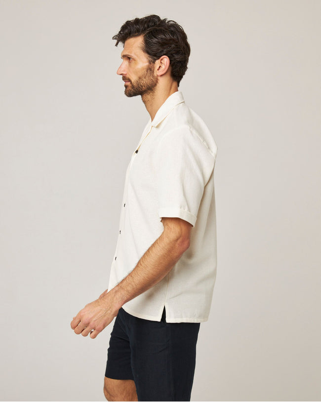Image of model wearing Quay Cuban Collar Shirt .