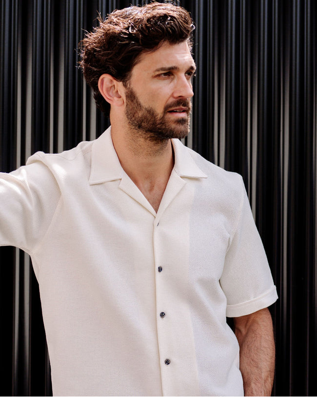 Image of model wearing Quay Cuban Collar Shirt .