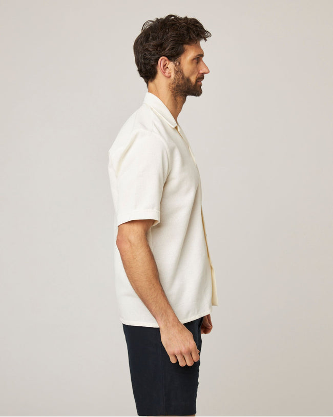 Image of model wearing Quay Cuban Collar Shirt .