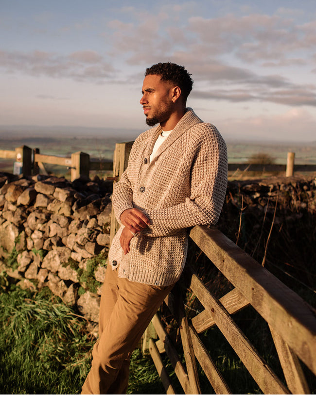 Image of model wearing Waffle Shawl Cardigan. Model is 6ft, chest size 36in and wearing size Medium