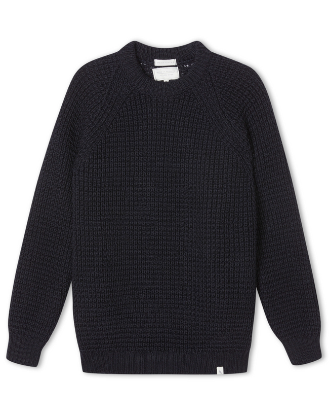 Image of model wearing Waffle Crew Neck Jumper. Model is 6ft, chest size 36in and wearing size Medium