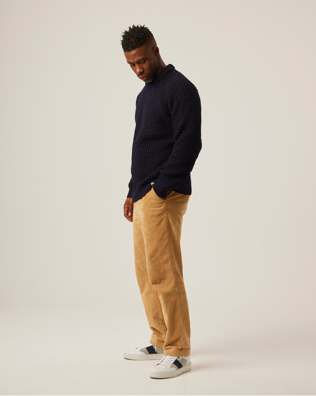 Image of model wearing Waffle Crew Neck Jumper. Model is 6ft, chest size 36in and wearing size Medium