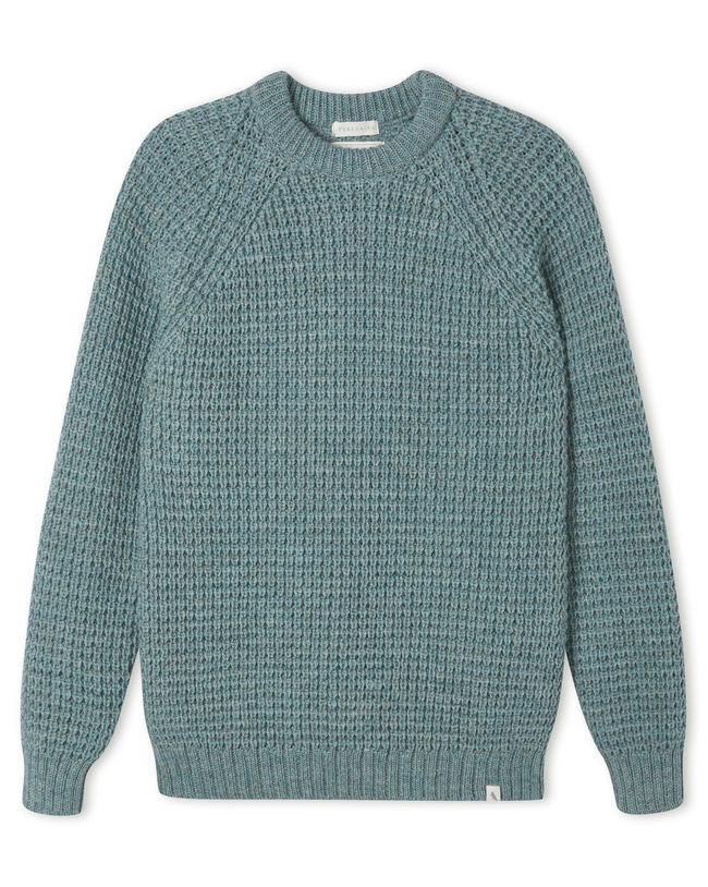 Image of model wearing Waffle Crew Neck Jumper. Model is 6ft1in, chest size 38in and wearing size Medium