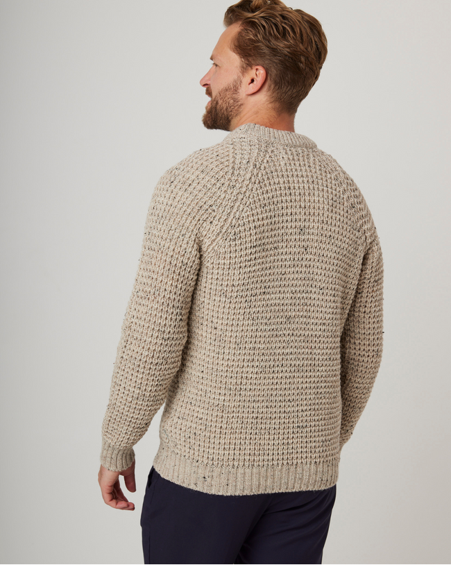 Image of model wearing Waffle Crew Neck Jumper. Model is 6ft1in, chest size 38in and wearing size Medium