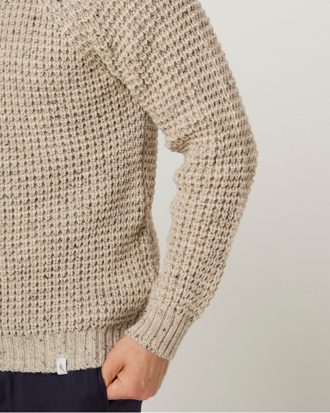 Image of model wearing Waffle Crew Neck Jumper. Model is 6ft1in, chest size 38in and wearing size Medium
