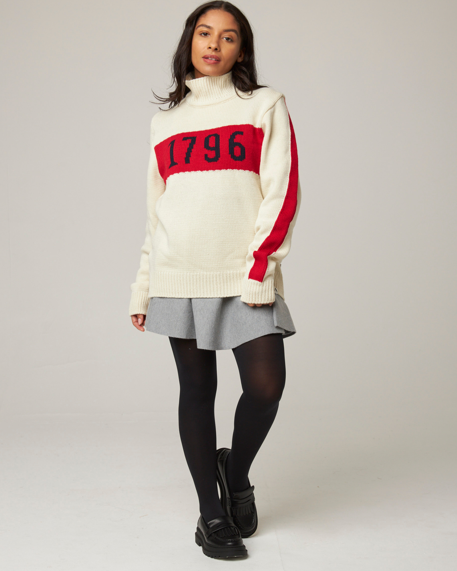 Image of model wearing 1796 Jumper. Model is 5ft8in, size UK 8 and wearing size Large