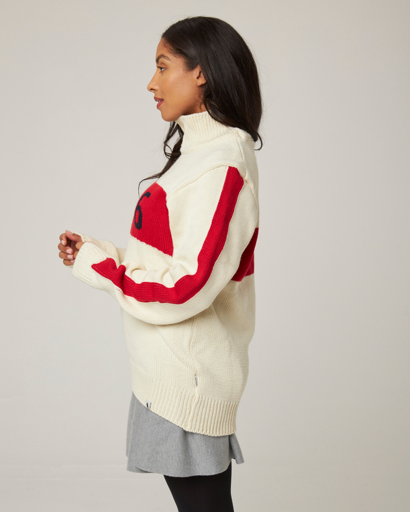 Image of model wearing 1796 Jumper. Model is 5ft8in, size UK 8 and wearing size Large