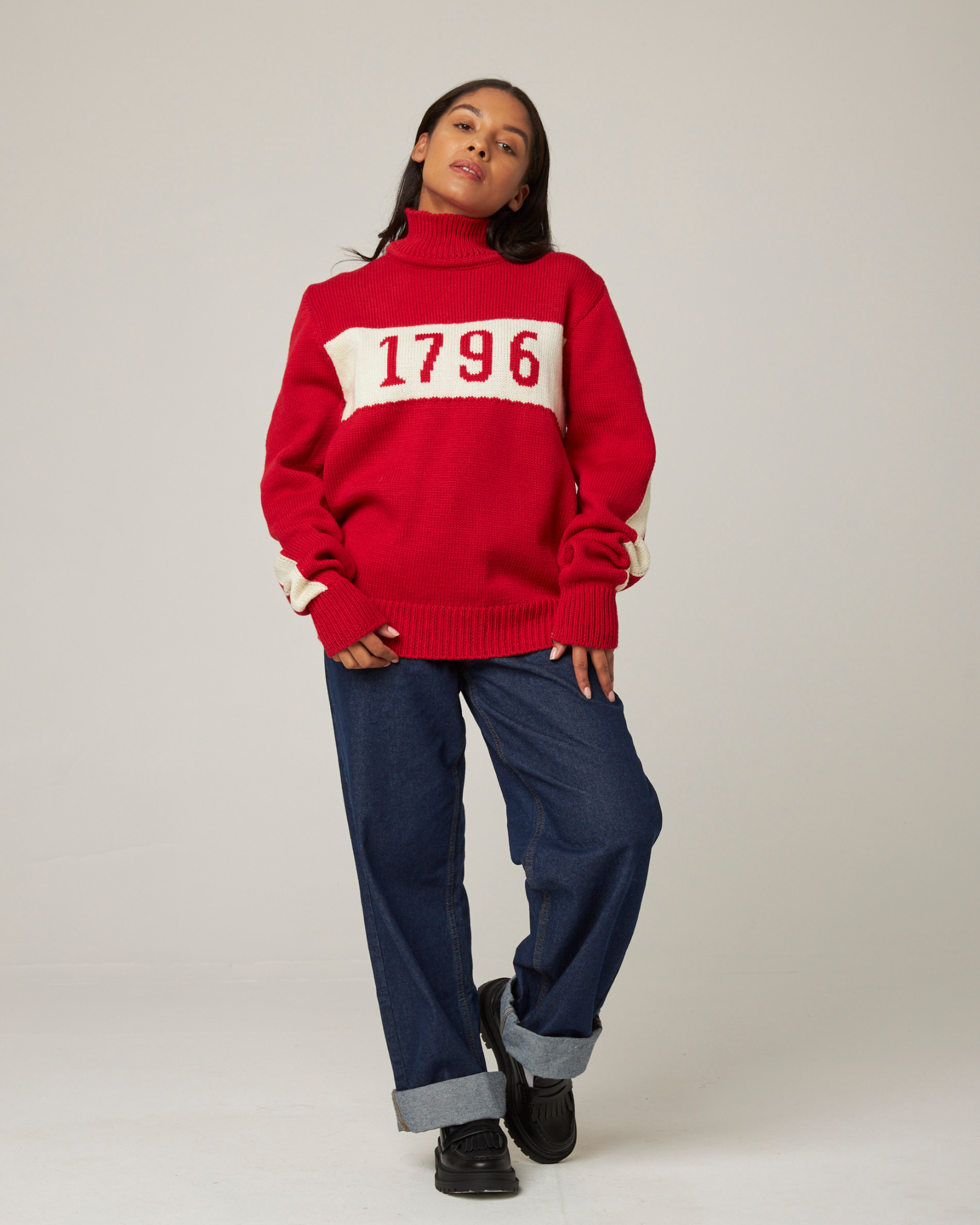 Image of model wearing 1796 Jumper. Model is 5ft8in, size UK 8 and wearing size Small