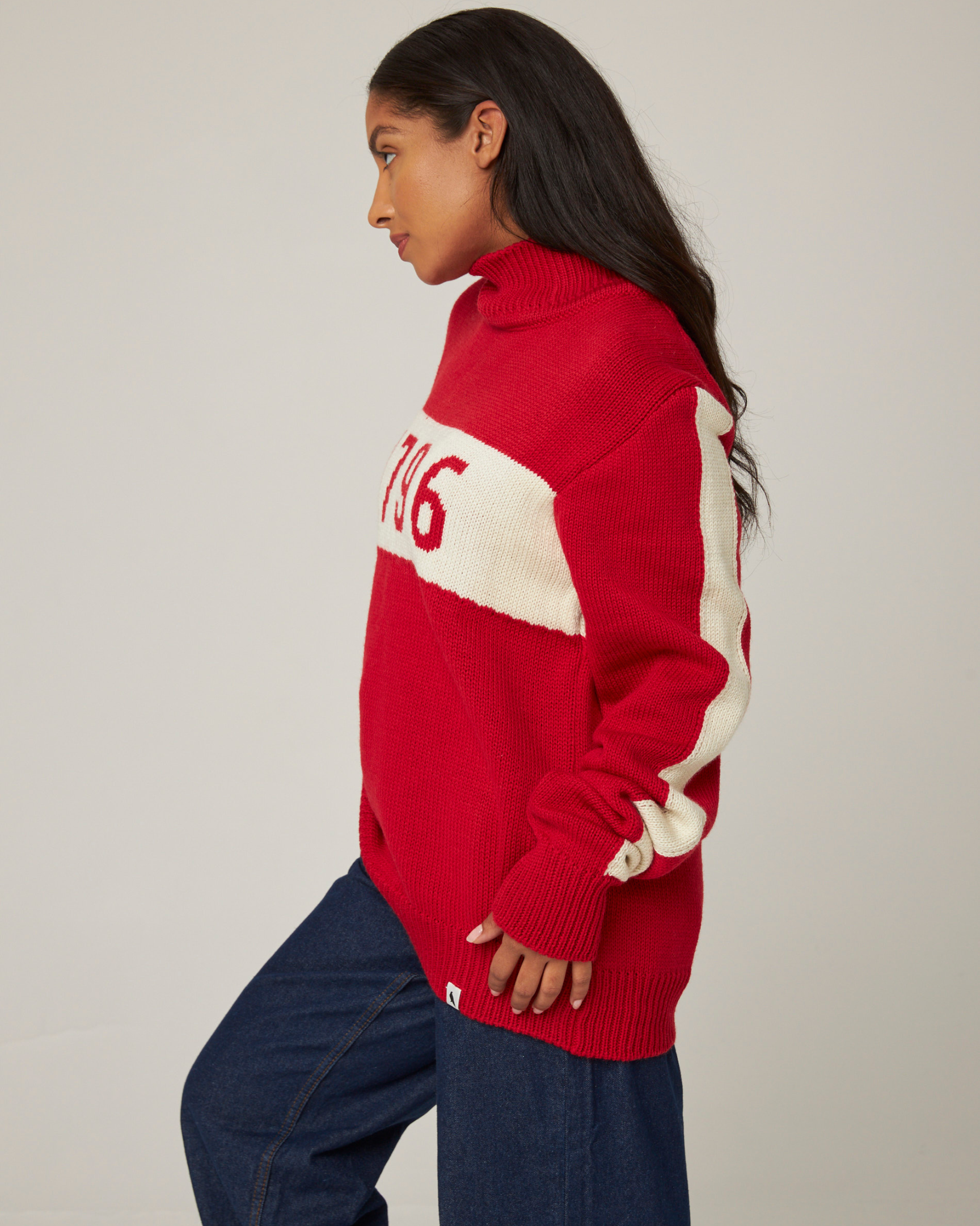 Image of model wearing 1796 Jumper. Model is 5ft8in, size UK 8 and wearing size Small