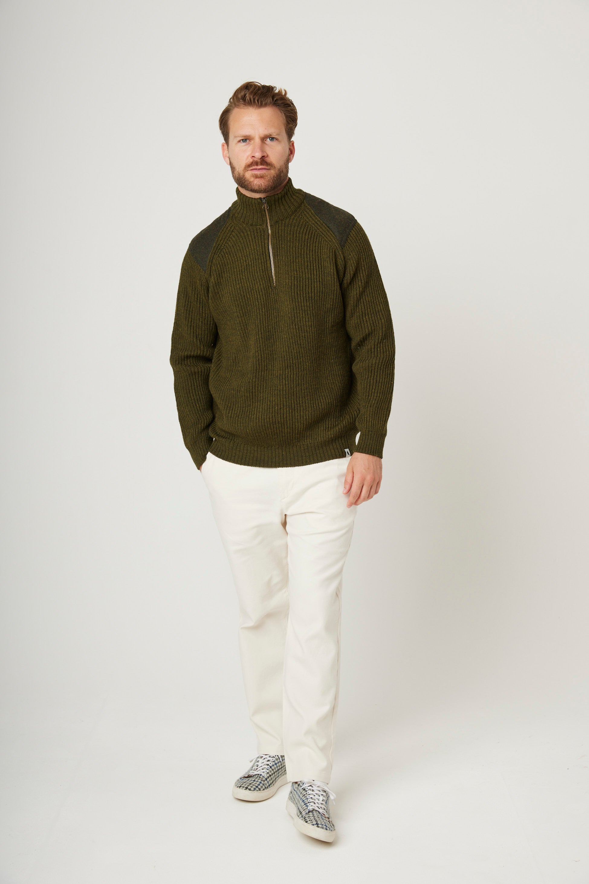 Image of model wearing Foxton Zip Neck. Model is 6ft0in, chest size 40in and wearing size L