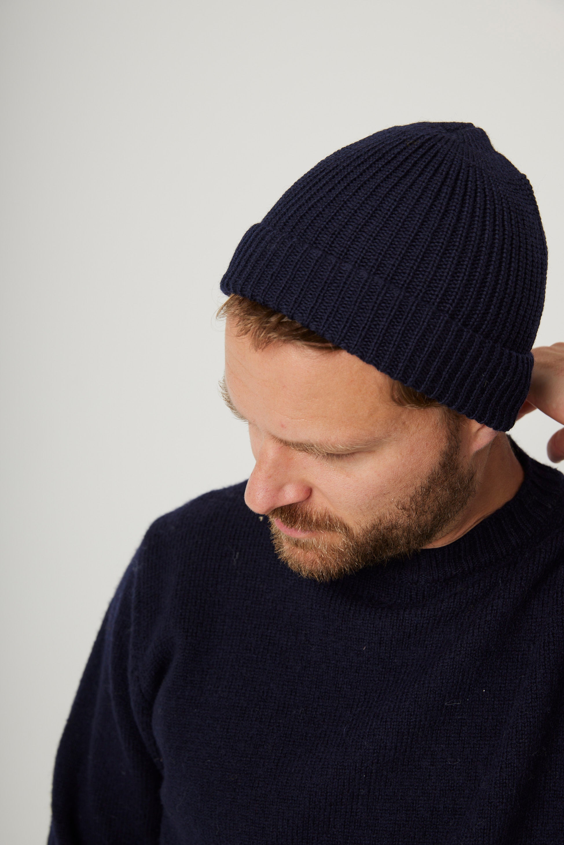 Image of model wearing Porter Ribbed Beanie. One Size 