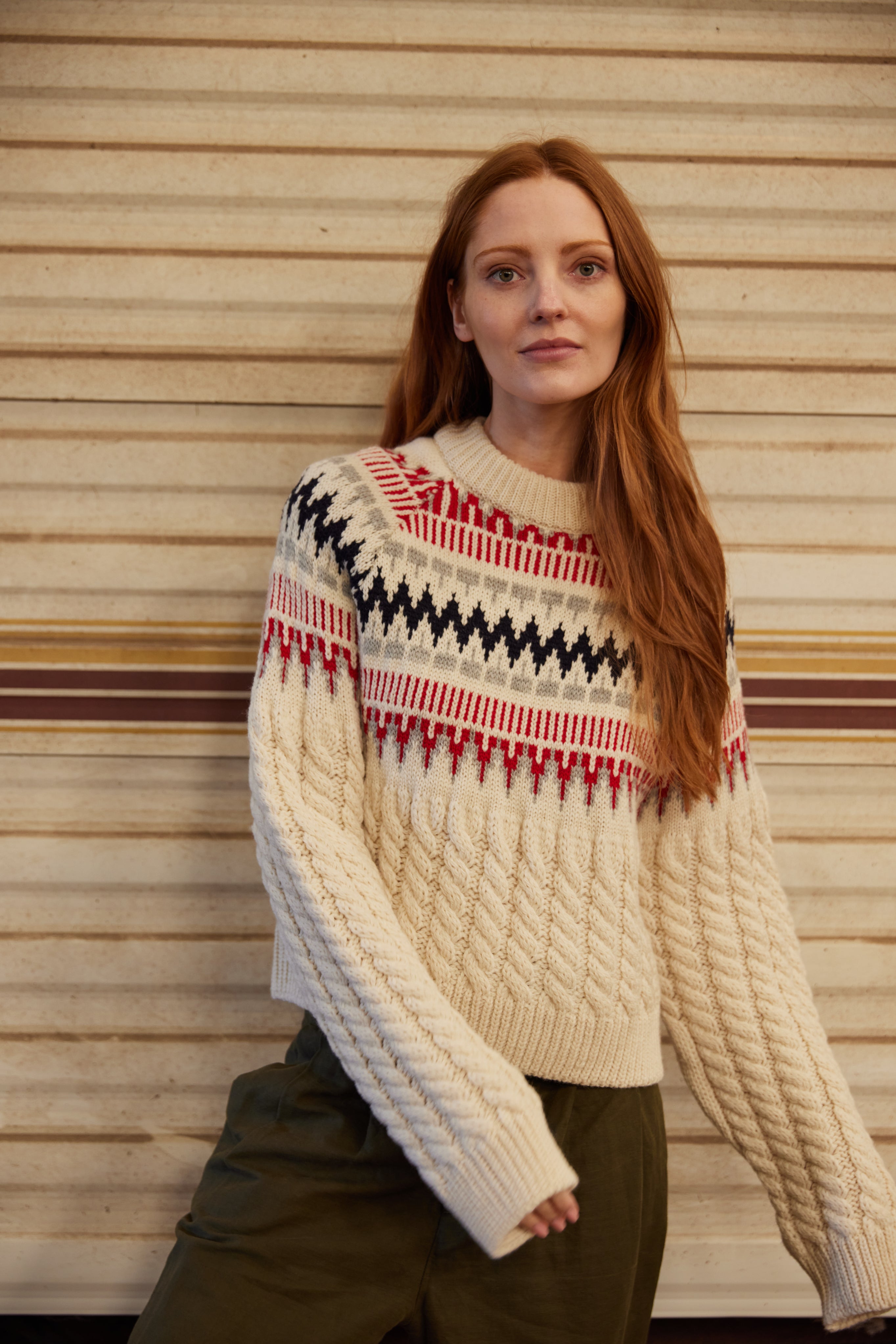 Image of model wearing Alpine Chalet Sweater. Model is 5ft8in, size UK 8 and wearing size Small