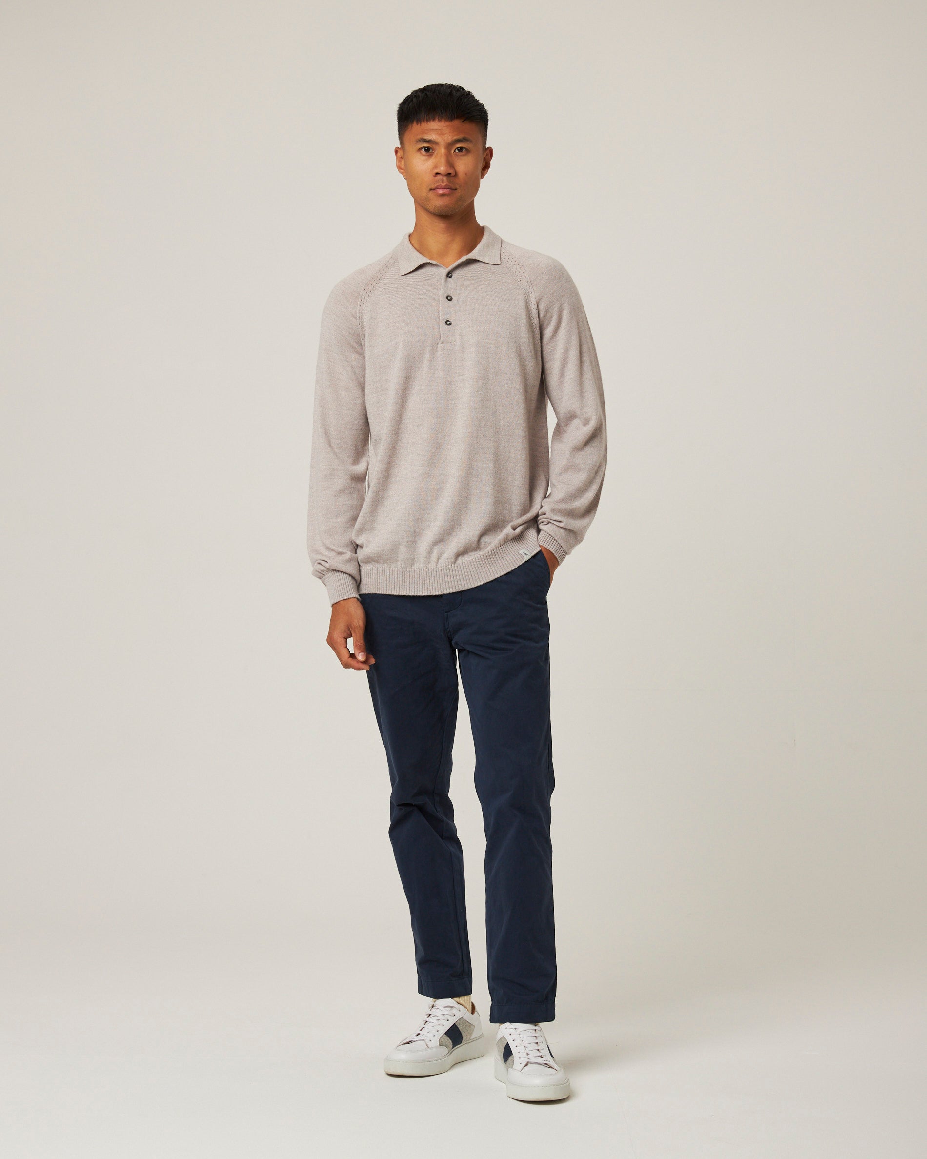 Image of model wearing Beauford Polo Shirt. Model is 6ft1in, chest size 38in and wearing size Medium