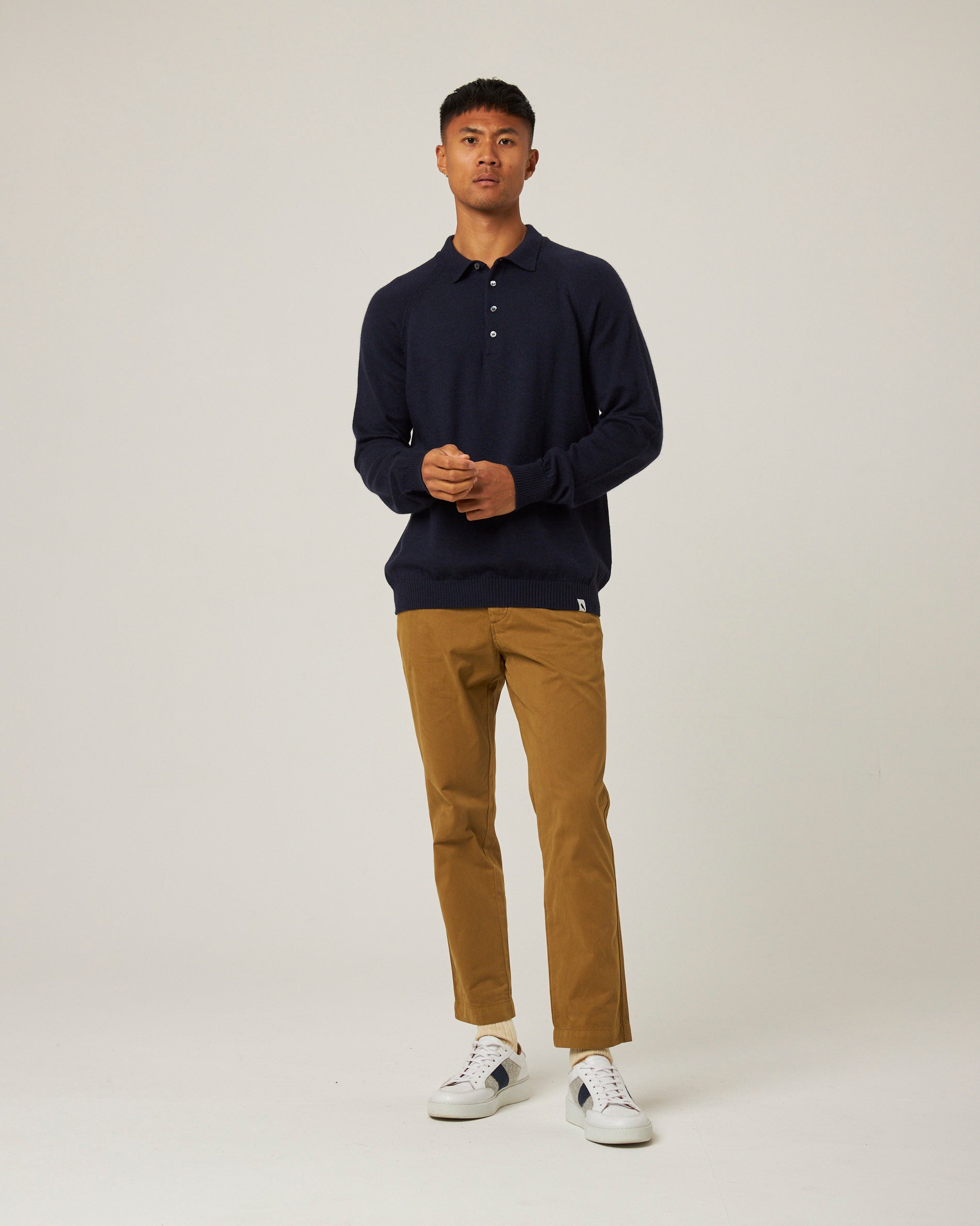 Image of model wearing Beauford Polo Shirt. Model is 6ft, chest size 36in and wearing size Small