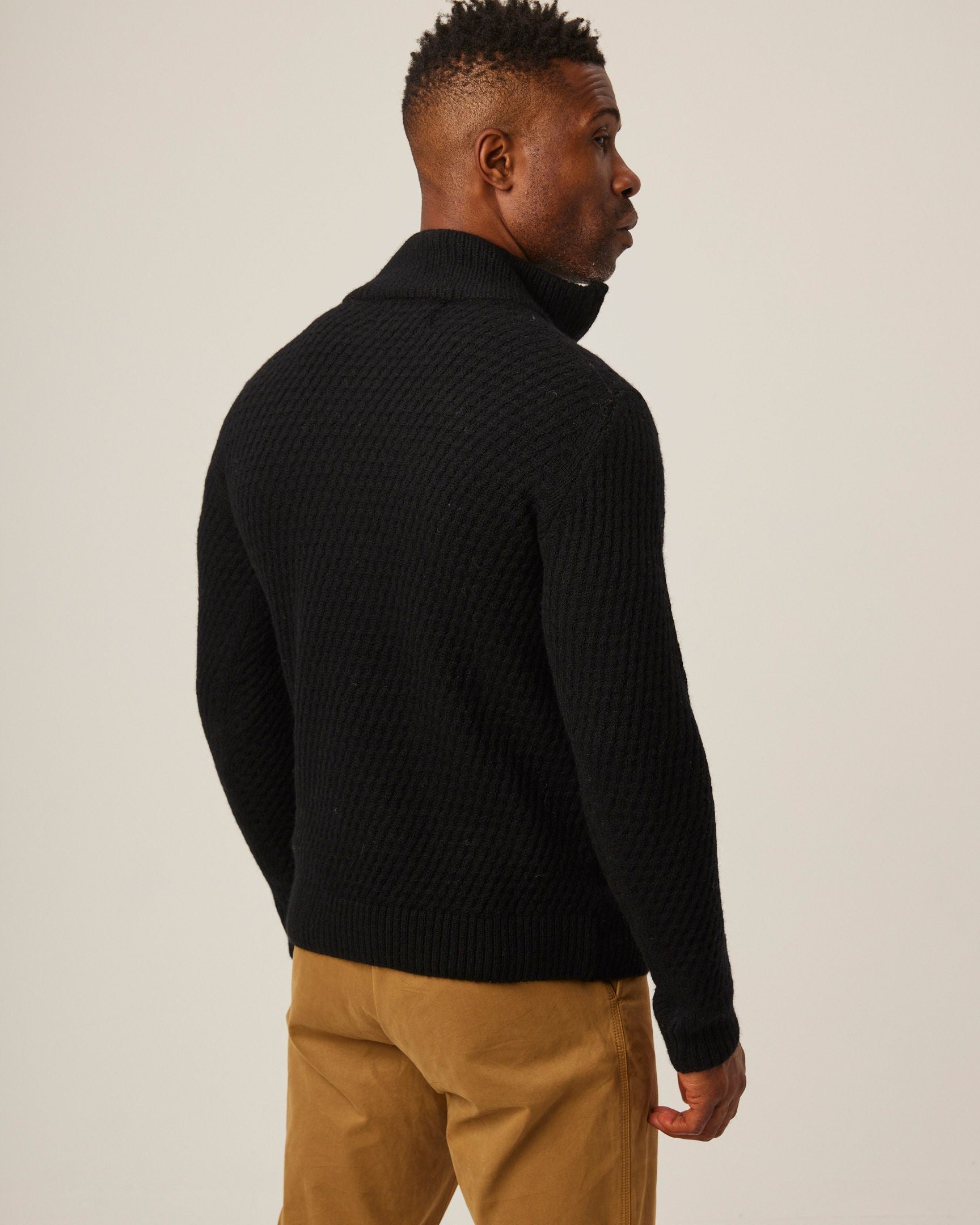 Image of model wearing Birchall Quarter Zip Jumper. 