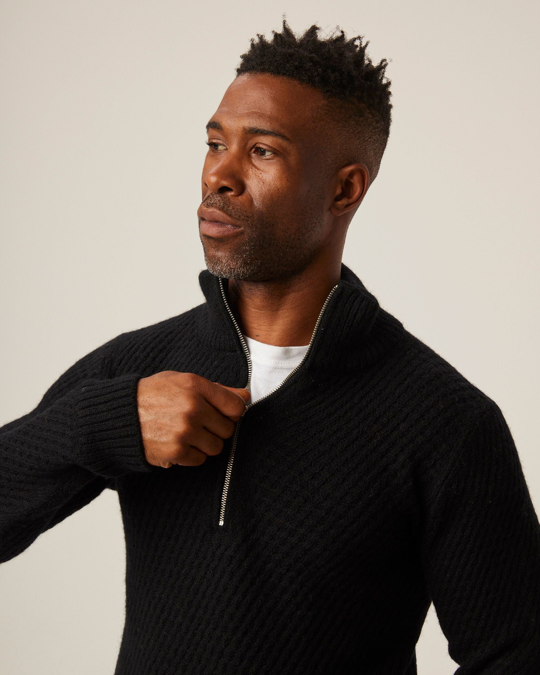Image of model wearing Birchall Quarter Zip Jumper. 